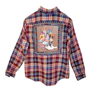 Chaps Multicolor Plaid Women's Flannel Shirt with Floral And Boot Design